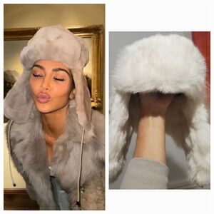 New White Quilted North Circle Expedition Mary Heart Rabbit Fur Trapper Hat